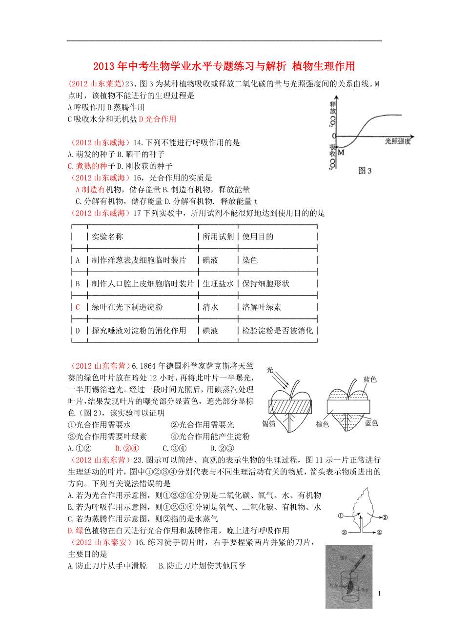 2013年中考生物学业水平专题练习与解析 植物生理作用_第1页