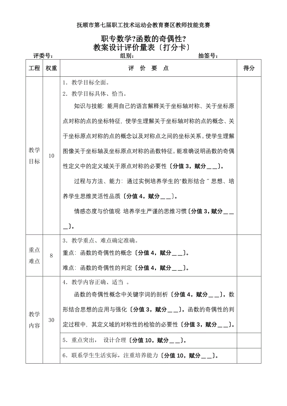 职专数学 函数的奇偶性 教案设计评价标准量表_第1页