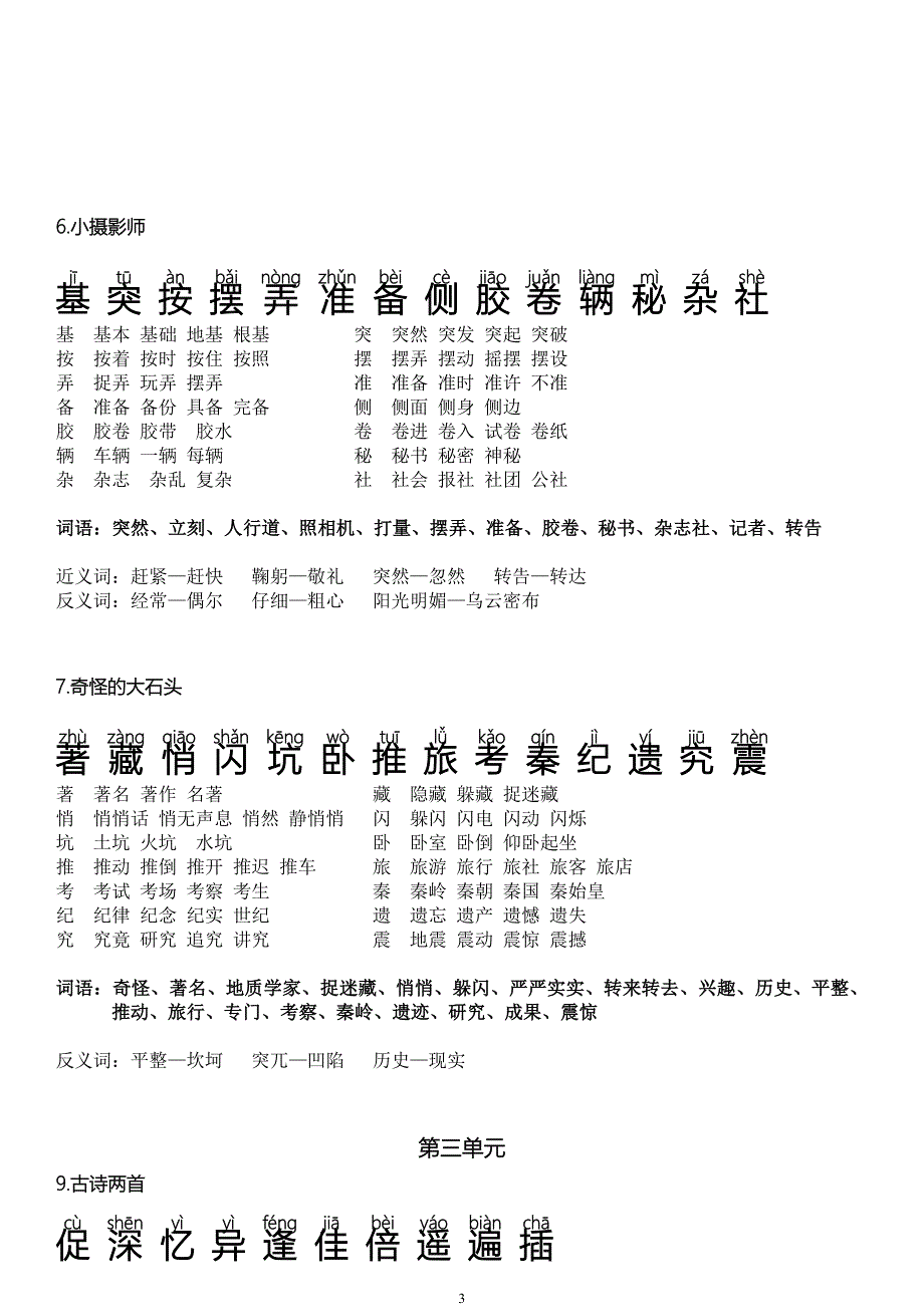 必会人教版三年级语文上册生字带拼音组词近义词反义词2_第3页