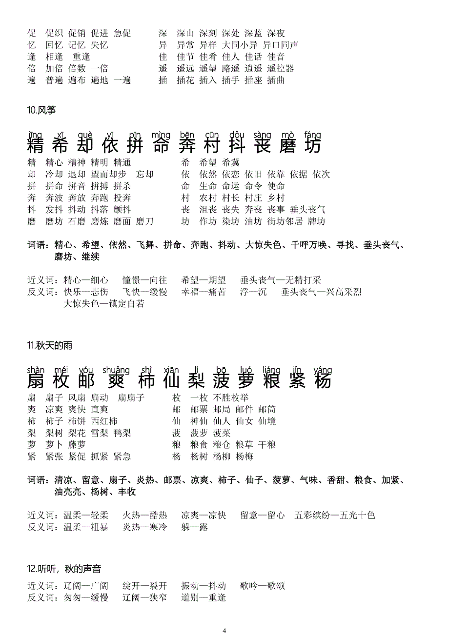 必会人教版三年级语文上册生字带拼音组词近义词反义词2_第4页