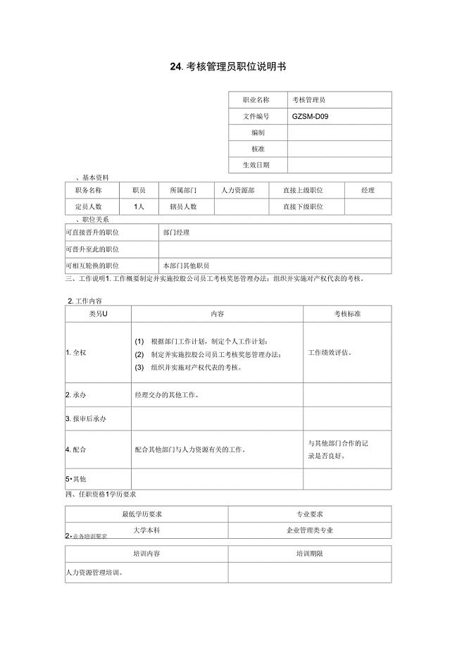 2019年考核管理员职位说明书