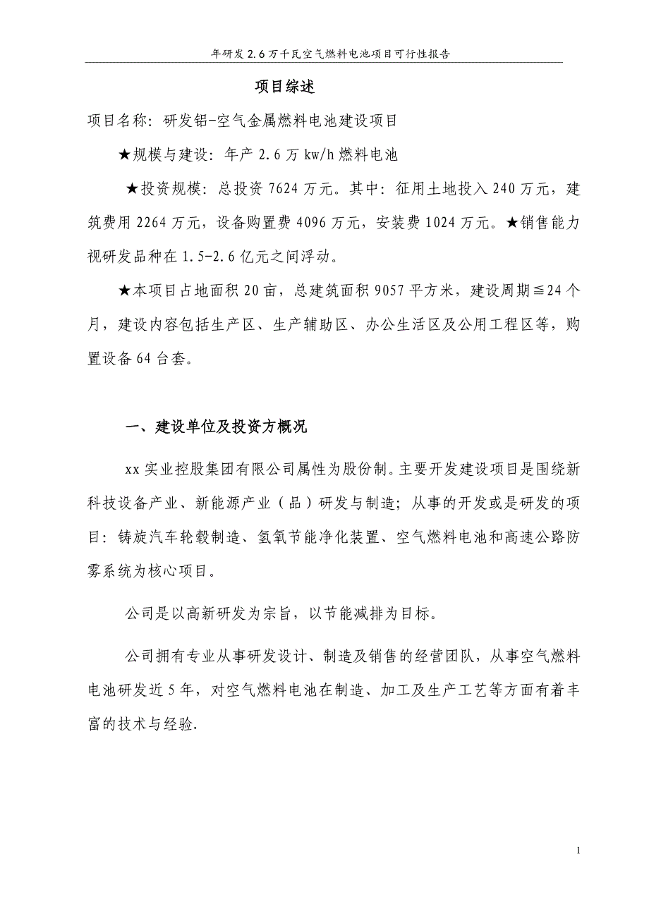 年研发2.6万千瓦空气燃料电池项目可行性报告.doc_第1页