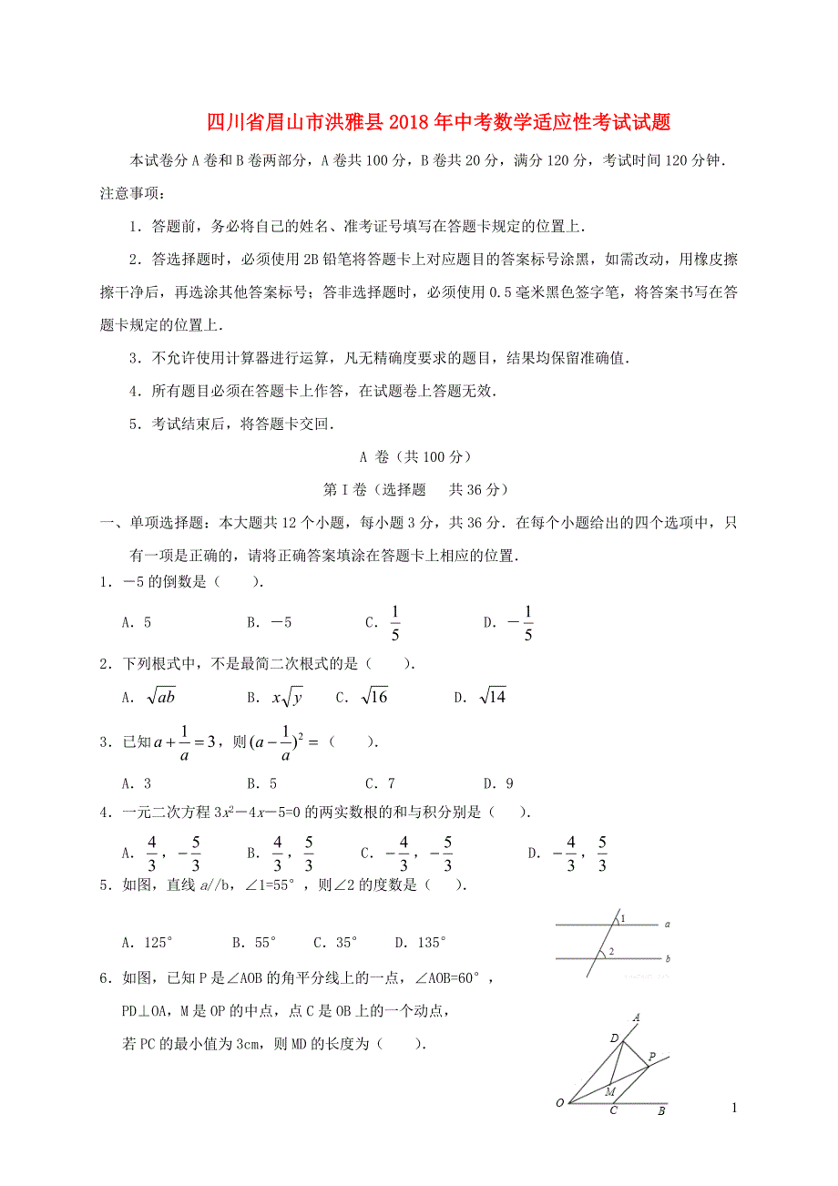 四川省眉山市洪雅县2018年中考数学适应性考试试题_第1页