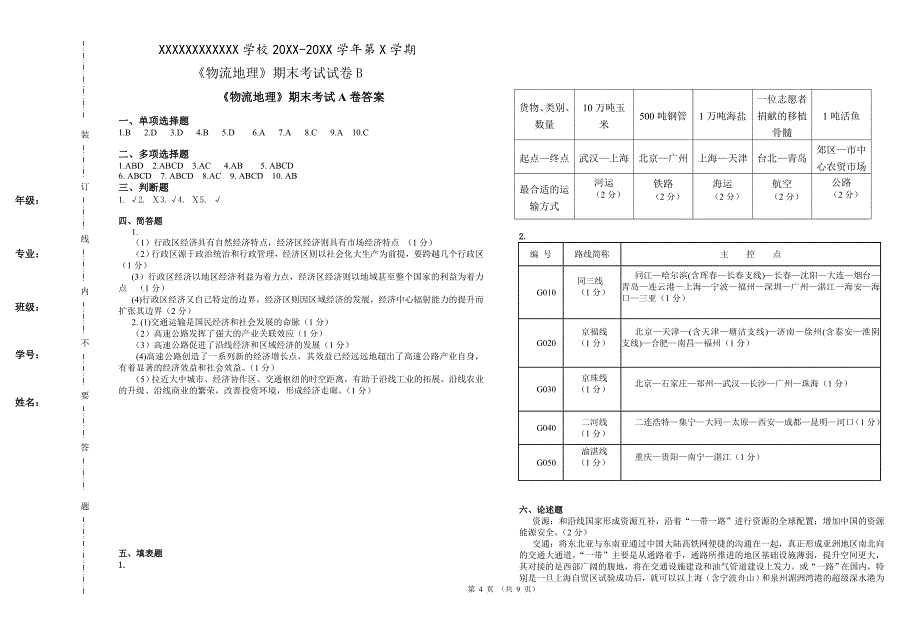 物流地理期试卷期末考试题2套AB卷及答案_第4页