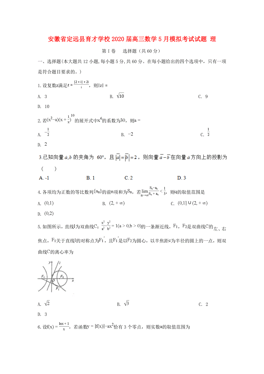 安徽狮远县2020届高三数学5月模拟考试试题理_第1页