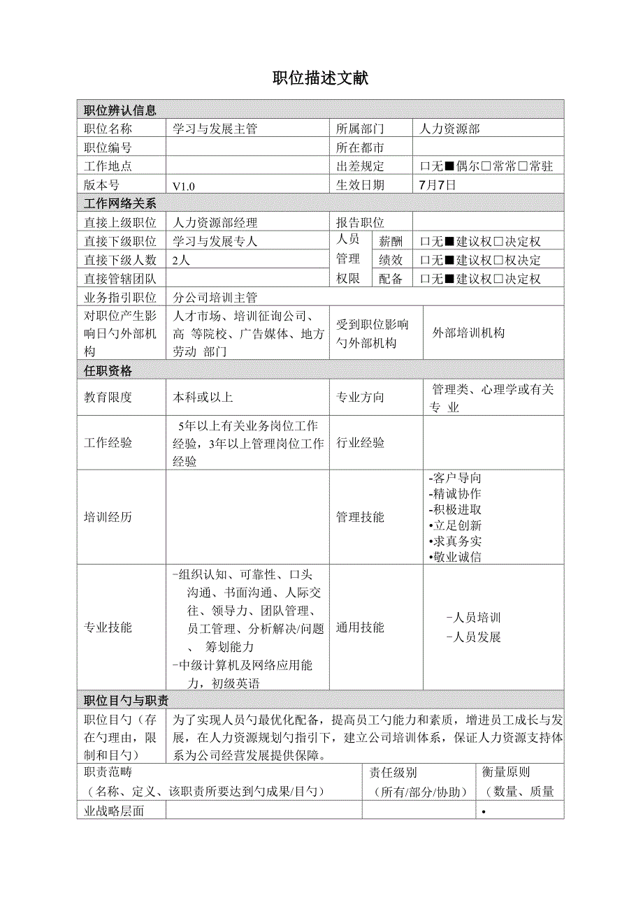 学习与发展主管岗位专项说明书_第1页