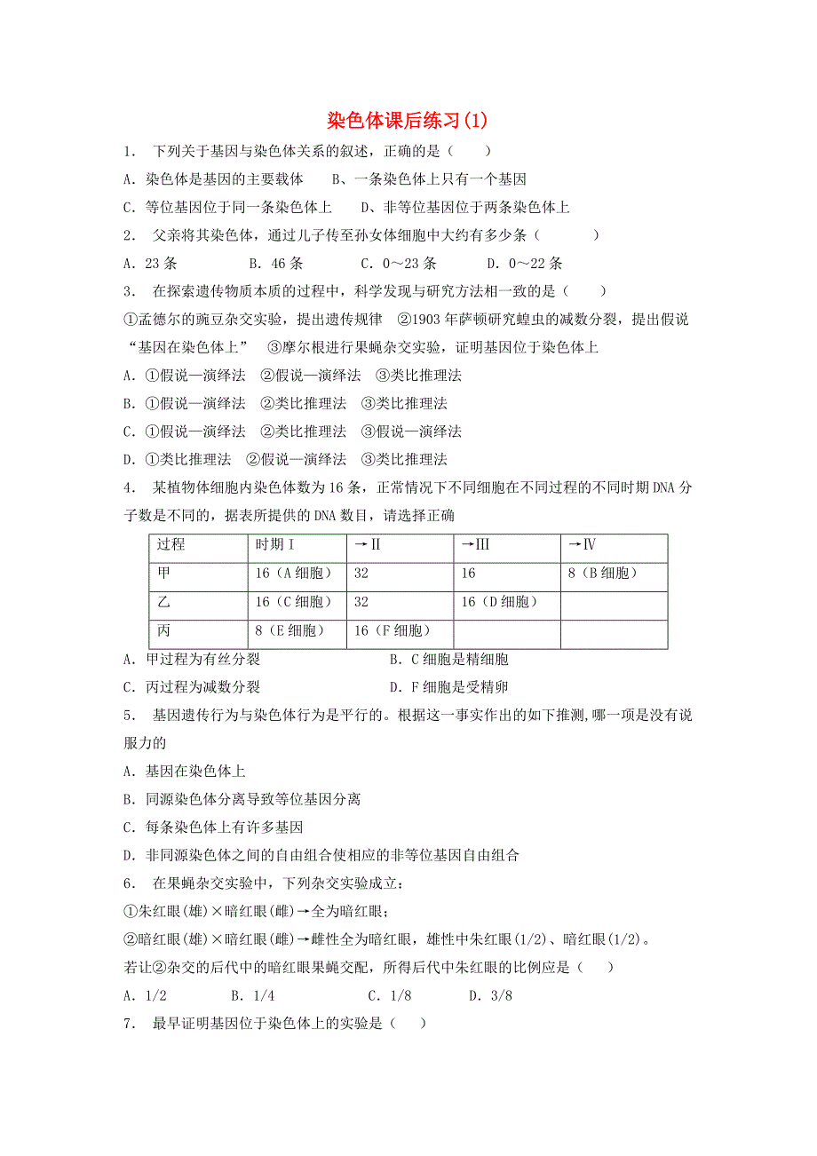 江苏省启东市高考生物专项复习基因和染色体的关系基因在染色体上染色体1练习苏教版_第1页