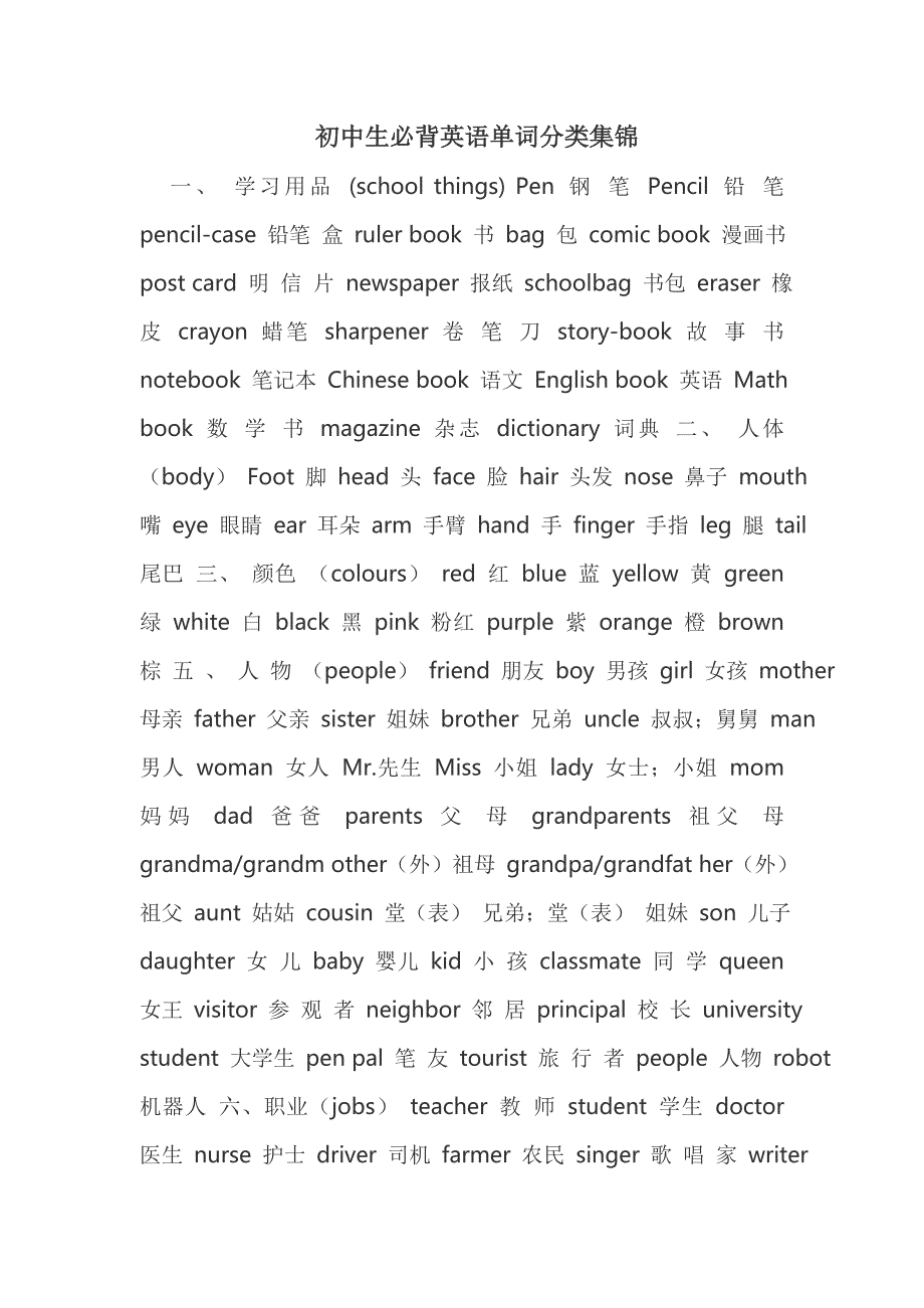 初中生必背英语单词分类集锦_第1页