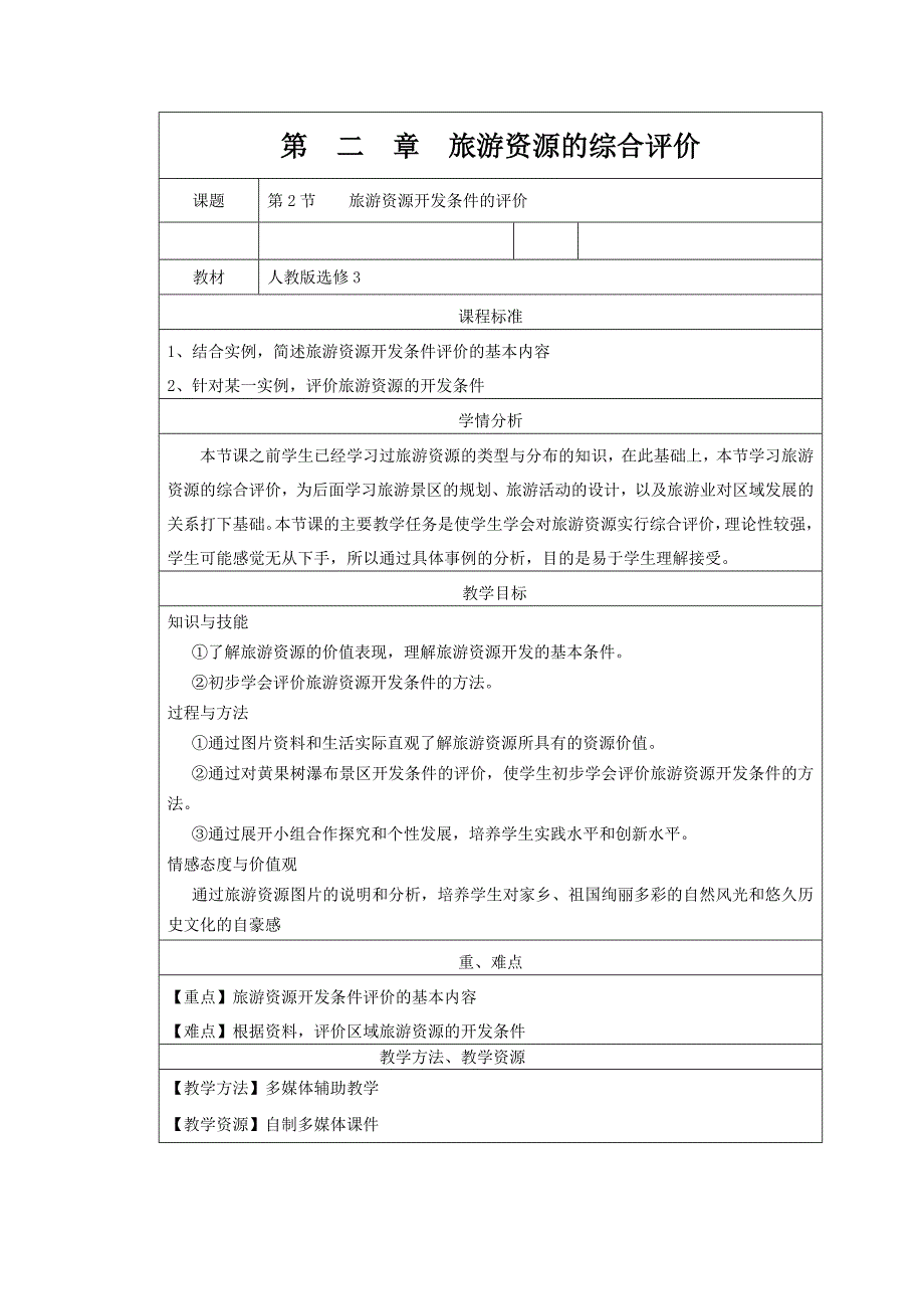 《旅游资源开发条件的评价》教学设计_第1页