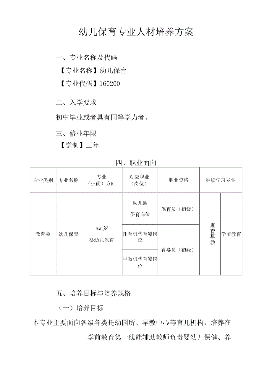 幼儿保育专业人才培养方案(中职)_第1页