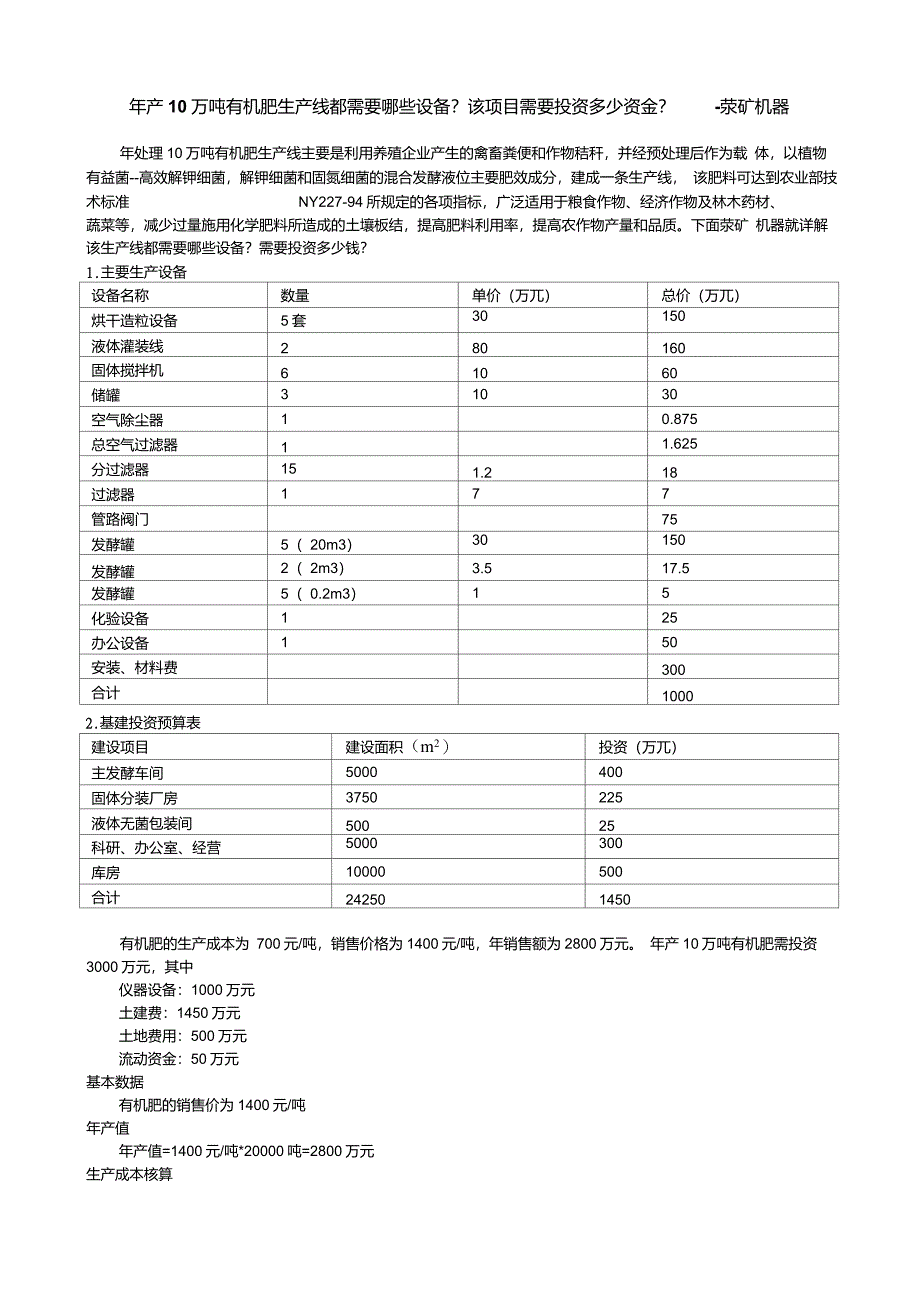 年产10万吨有机肥生产线都需要哪些设备？该项目需要投资多少资金？_第1页