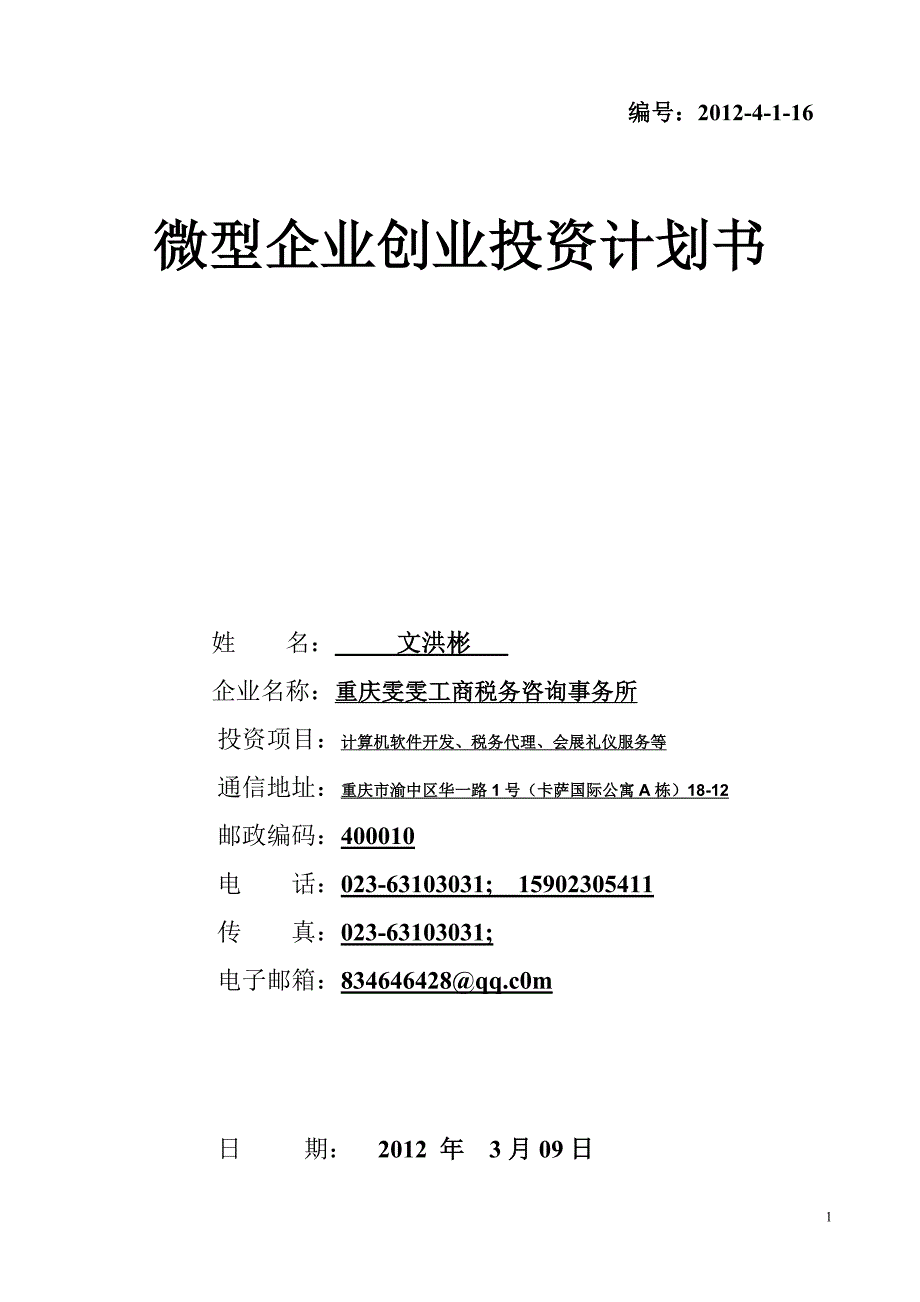 小型企业投资计划书样本_第1页