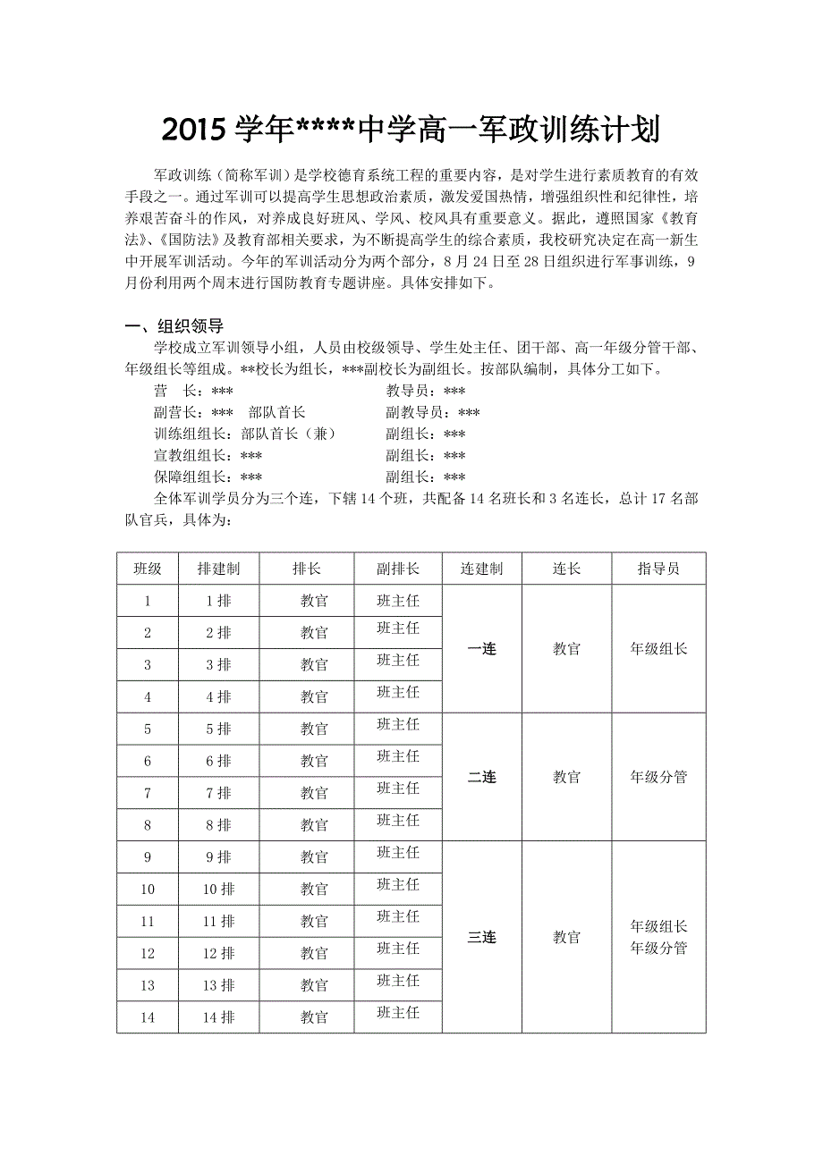 2015学年高一军政训练计划_第1页