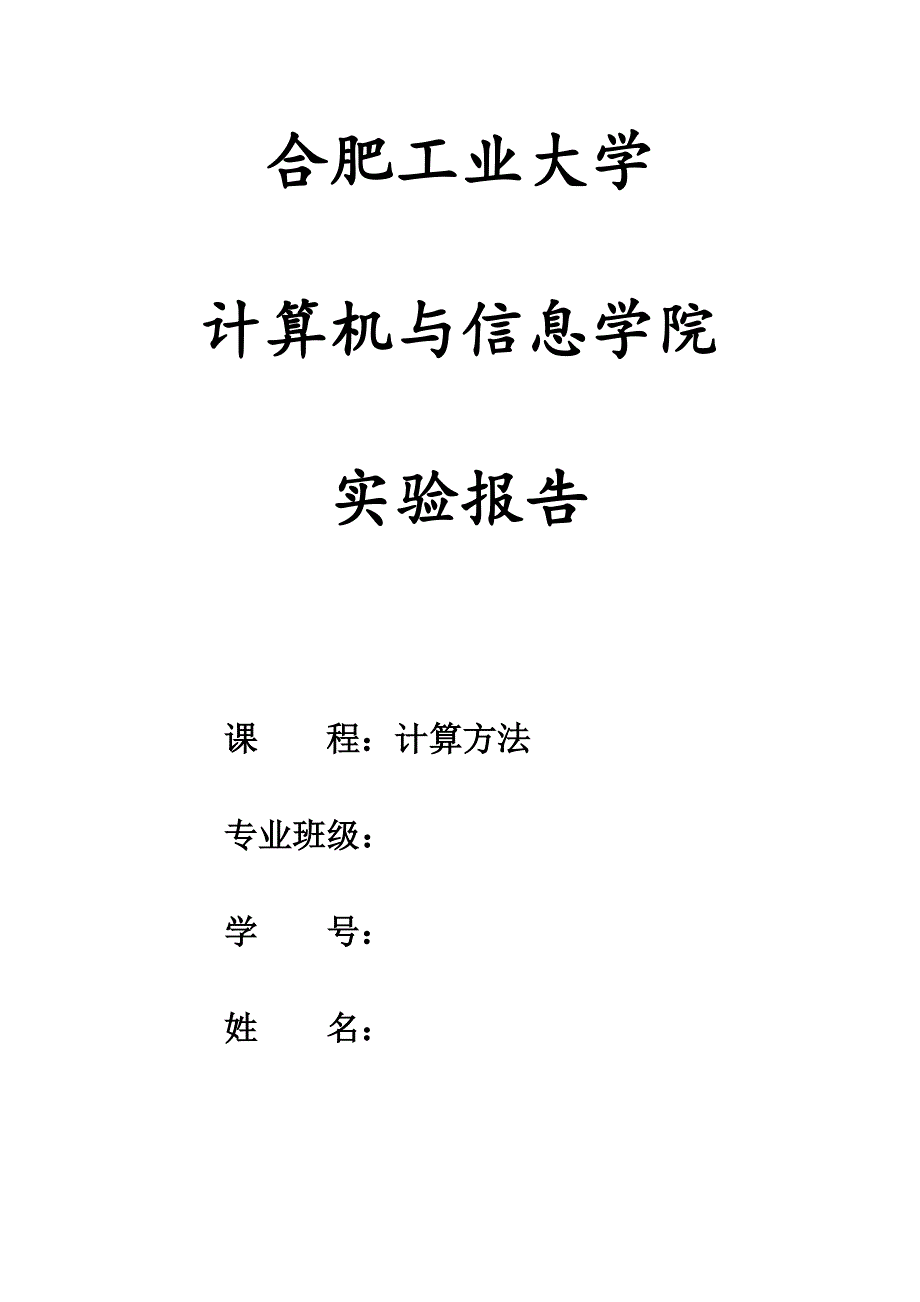 2023年合肥工业大学计算机专业计算方法实验报告.doc_第1页