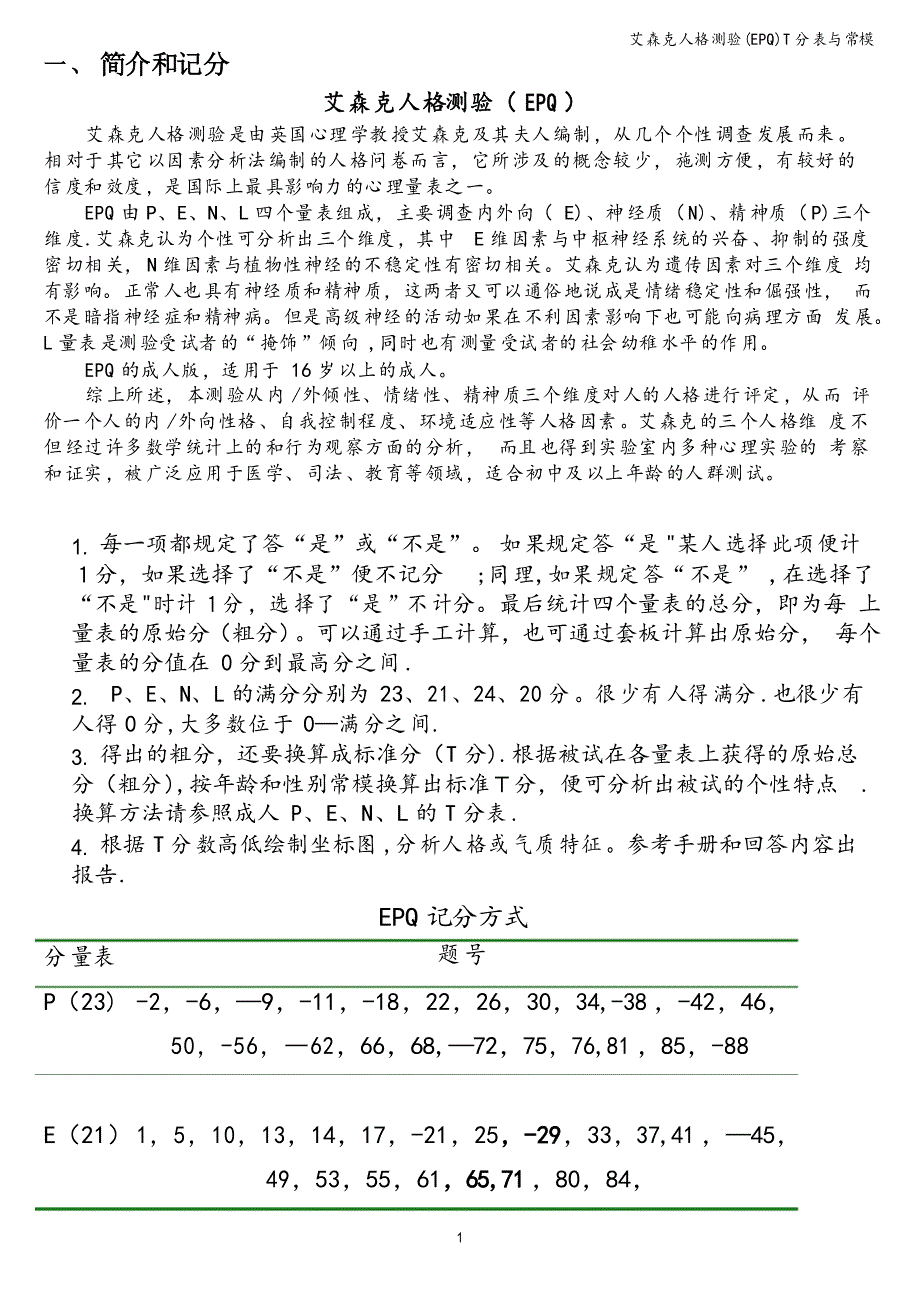 艾森克人格测验(EPQ)T分表与常模_第1页