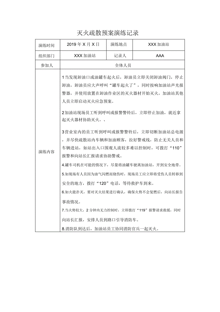 加油站消防灭火疏散预案演练记录汇编_第1页