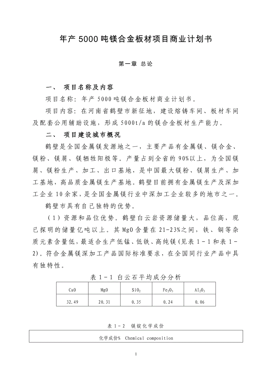 年产5000吨镁合金板材项目商业计划书_第1页