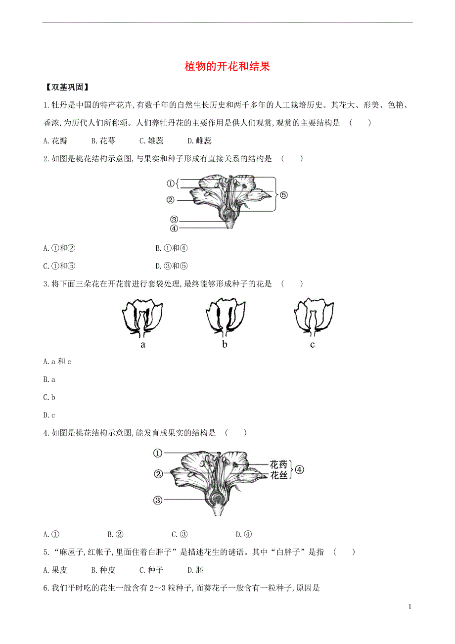 七年级生物上册 3.5.5 植物的开花和结果同步课时达标练习 （新版）苏教版_第1页