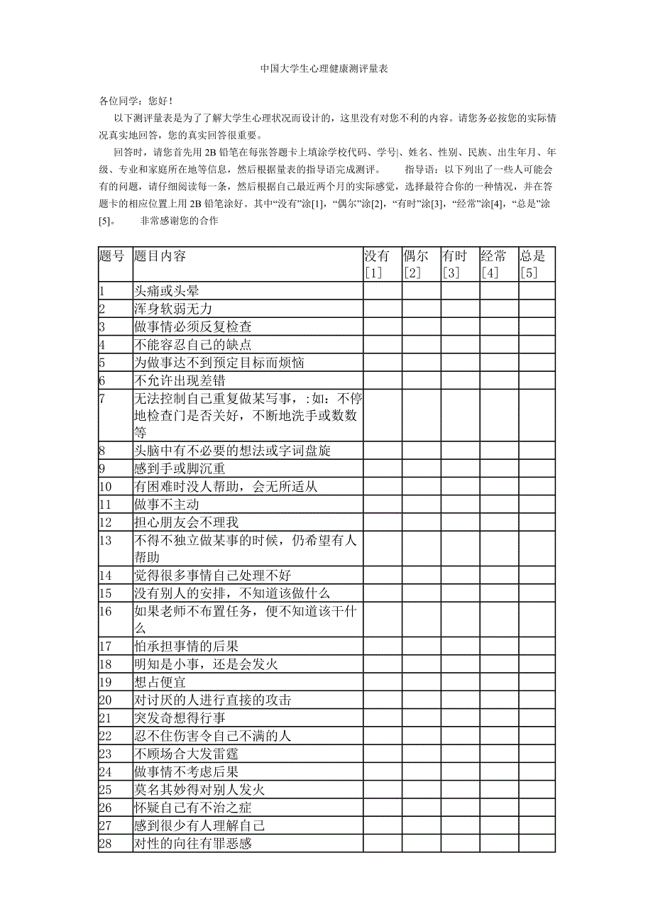 中国大学生心理健康测评量表_第1页