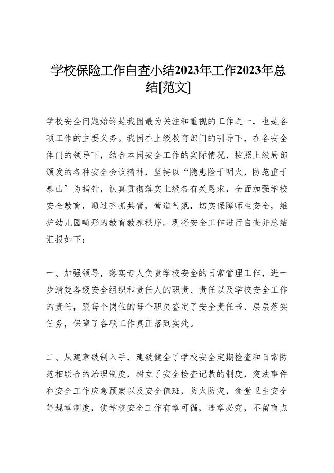 2023年学校保险工作自查小结工作汇报总结范文.doc