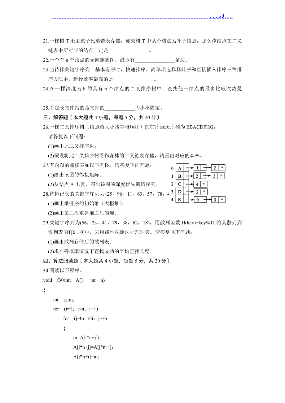 2011年高等教育自学考试全国统一命题考试--数据结构试题附答案_第3页