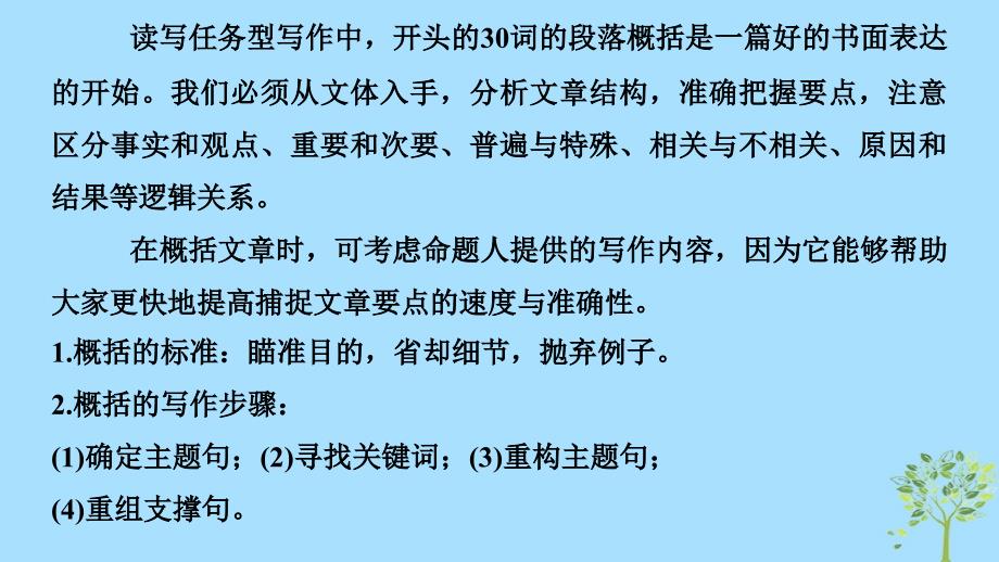 （江苏专用）2019高考英语二轮增分策略 专题五 书面表达 第二节 分类突破 二 段落概括的9大技巧课件_第2页