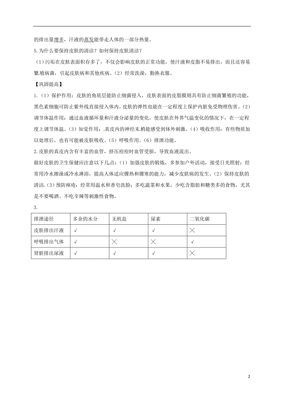 山东省安丘市七年级生物下册 第三单元 第四章 第二节 汗液的形成和排出知识点+巩固提高 （新版）济南版_第2页