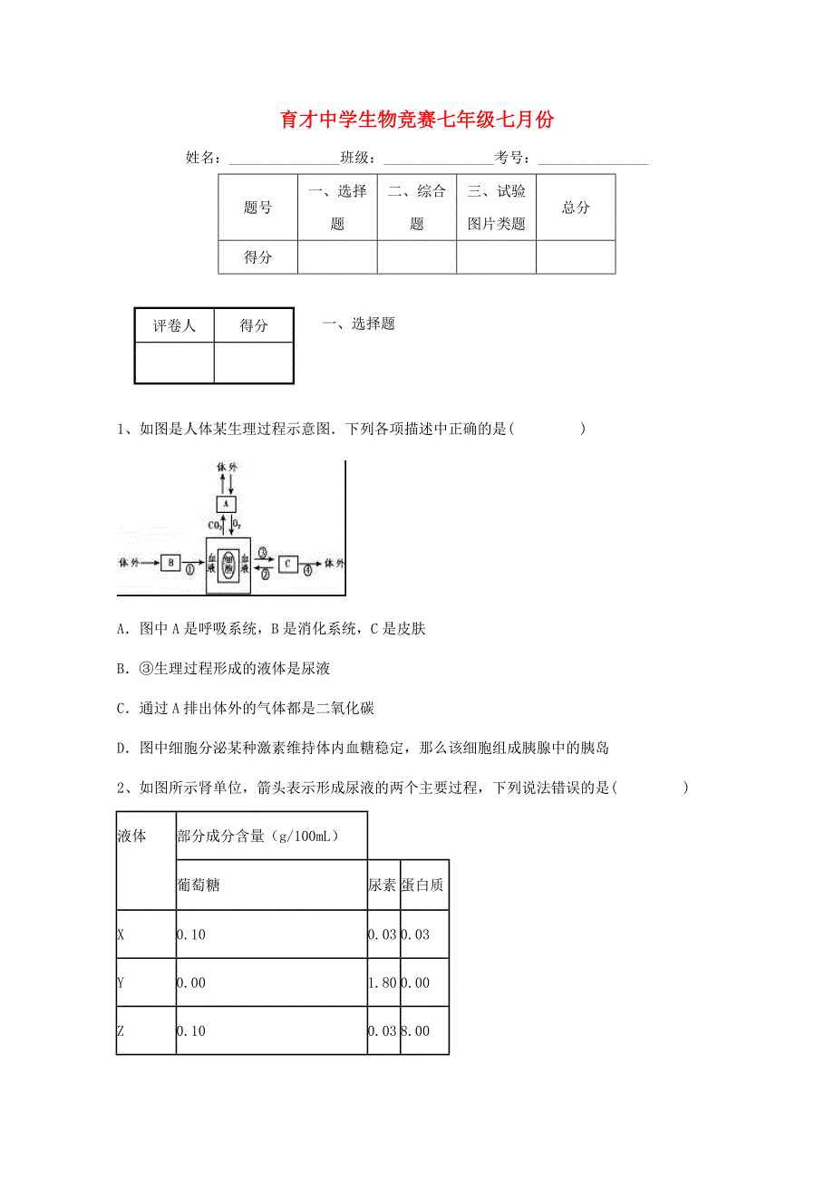 福建省南平市七年级生物下学期优等生学科竞赛试题新人教版0726211_第1页