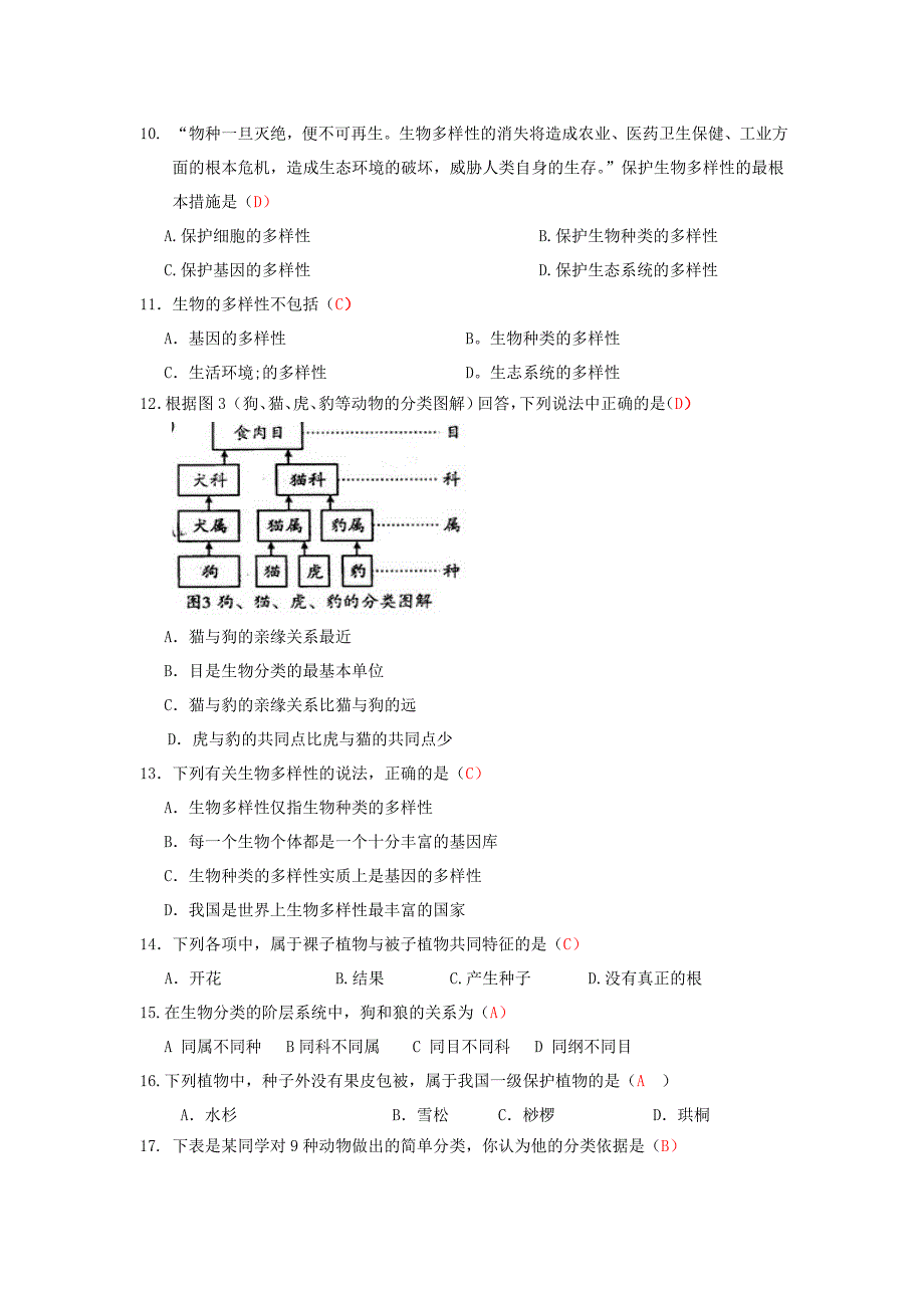 单元生物多样性及其保护测试题_第2页