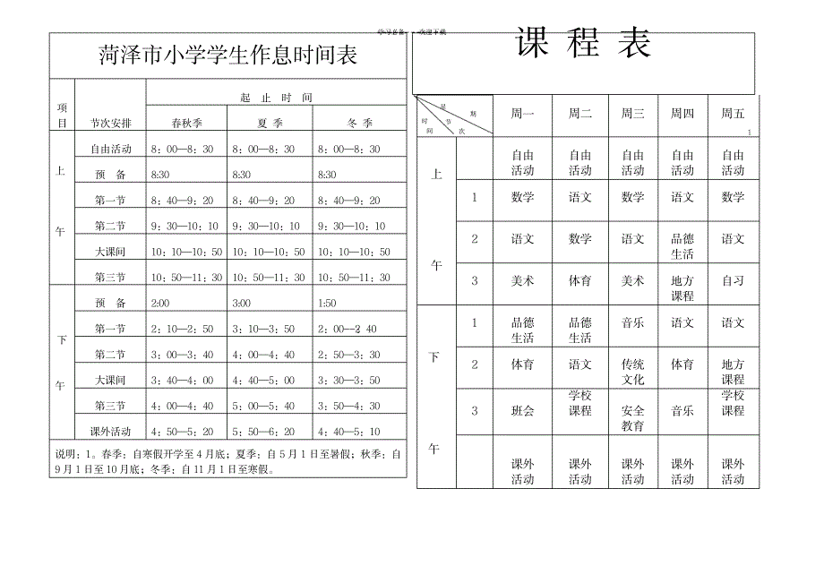 菏泽市小学学生作息时间表课程表_中学教育-中考_第1页