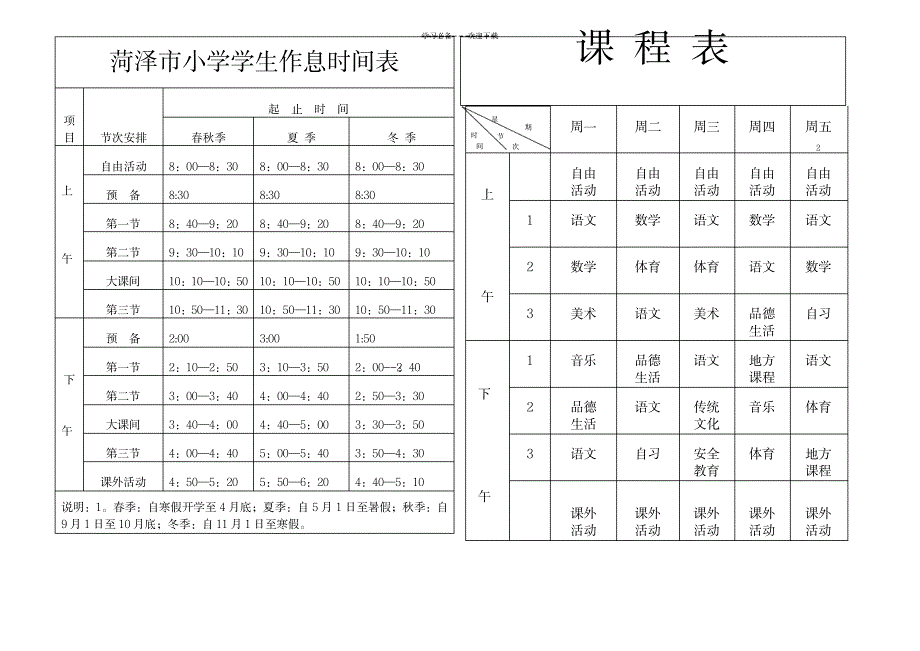 菏泽市小学学生作息时间表课程表_中学教育-中考_第2页