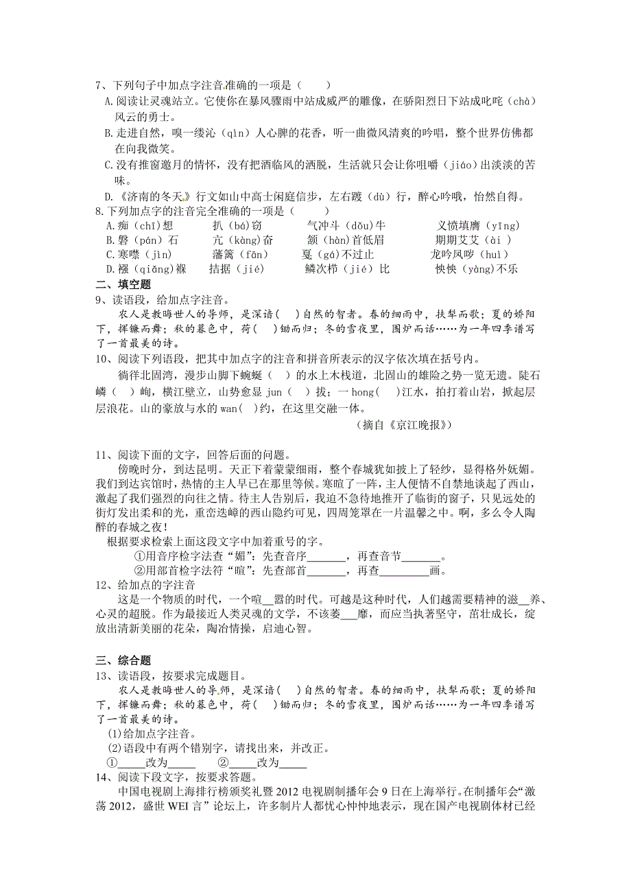 中考语文考点专题训练专题1字音含答案_第2页