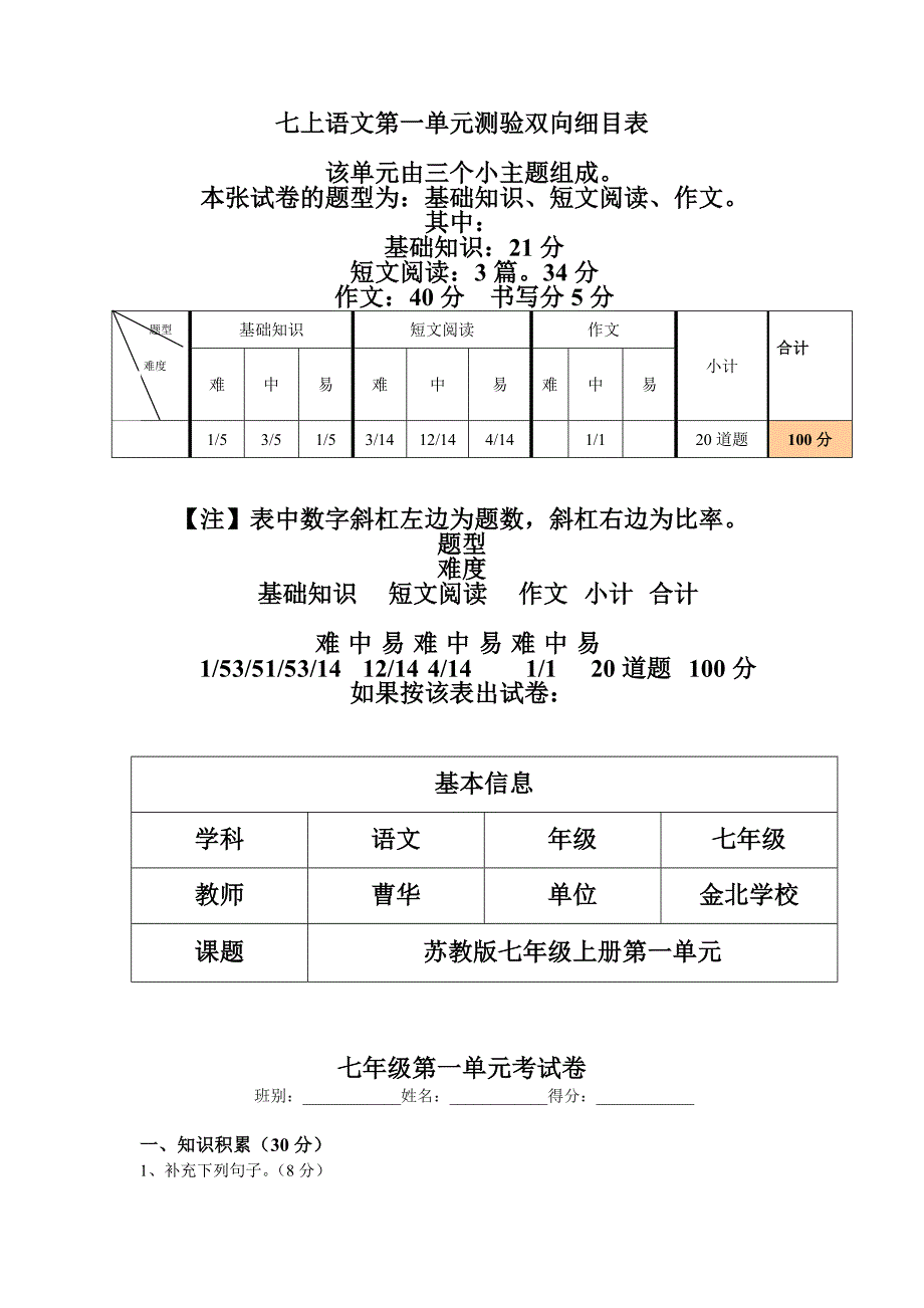七年级单元双向细目表_.doc_第1页