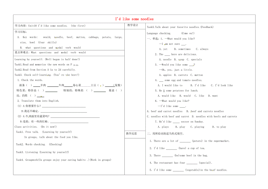 山西省灵石县第二中学七年级英语下册Unit10Idlikesomenoodlesperiod1学案无答案新版人教新目标版_第1页