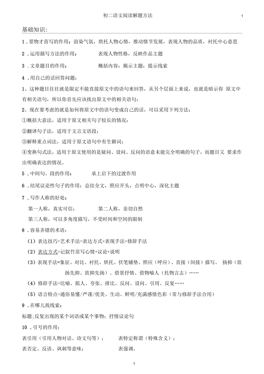 初二语文阅读解题方法(整理版_适用于初二学生)_第1页