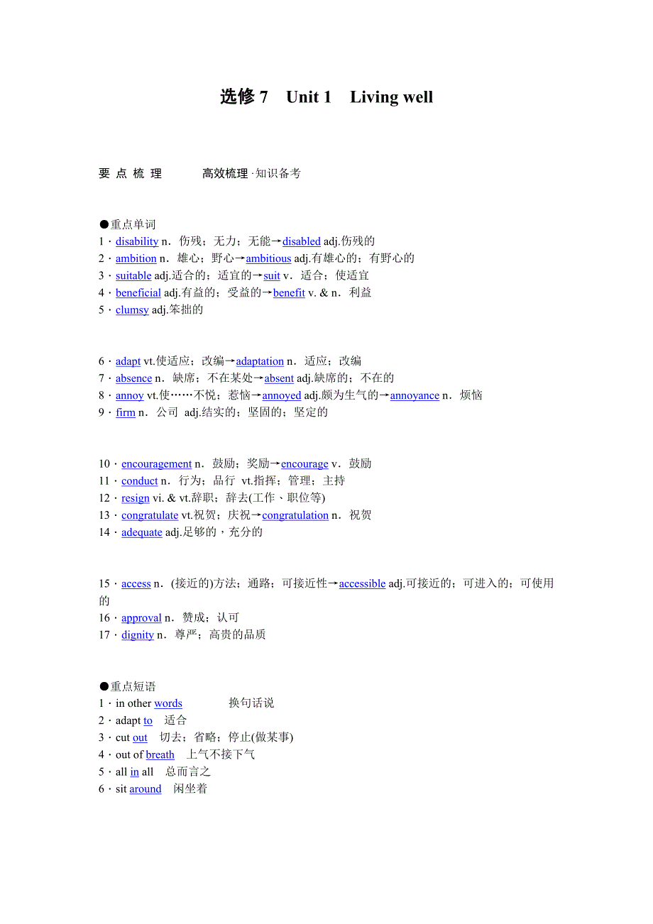 高考英语（人教版）要点梳理重点突破：选修7Unit1　Livingwell_第1页