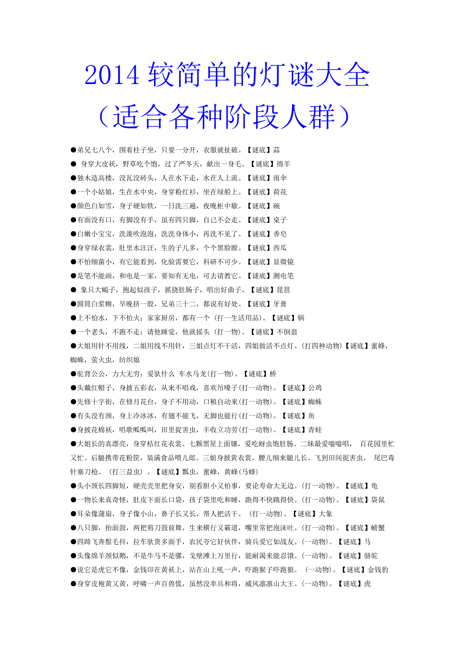 2014较简单的灯谜大全(适合各种阶段人群).doc_第1页