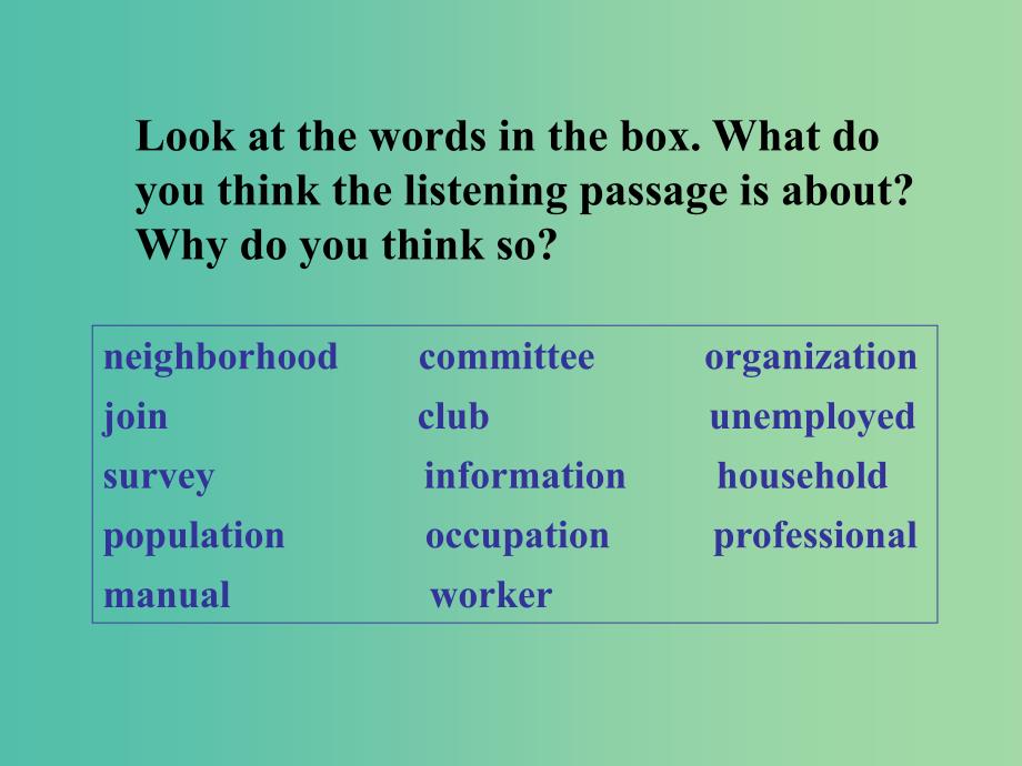 高中英语 Module 4 A Social Survey My NeighbourhoodListening, speaking, writing课件 外研版必修1.ppt_第3页