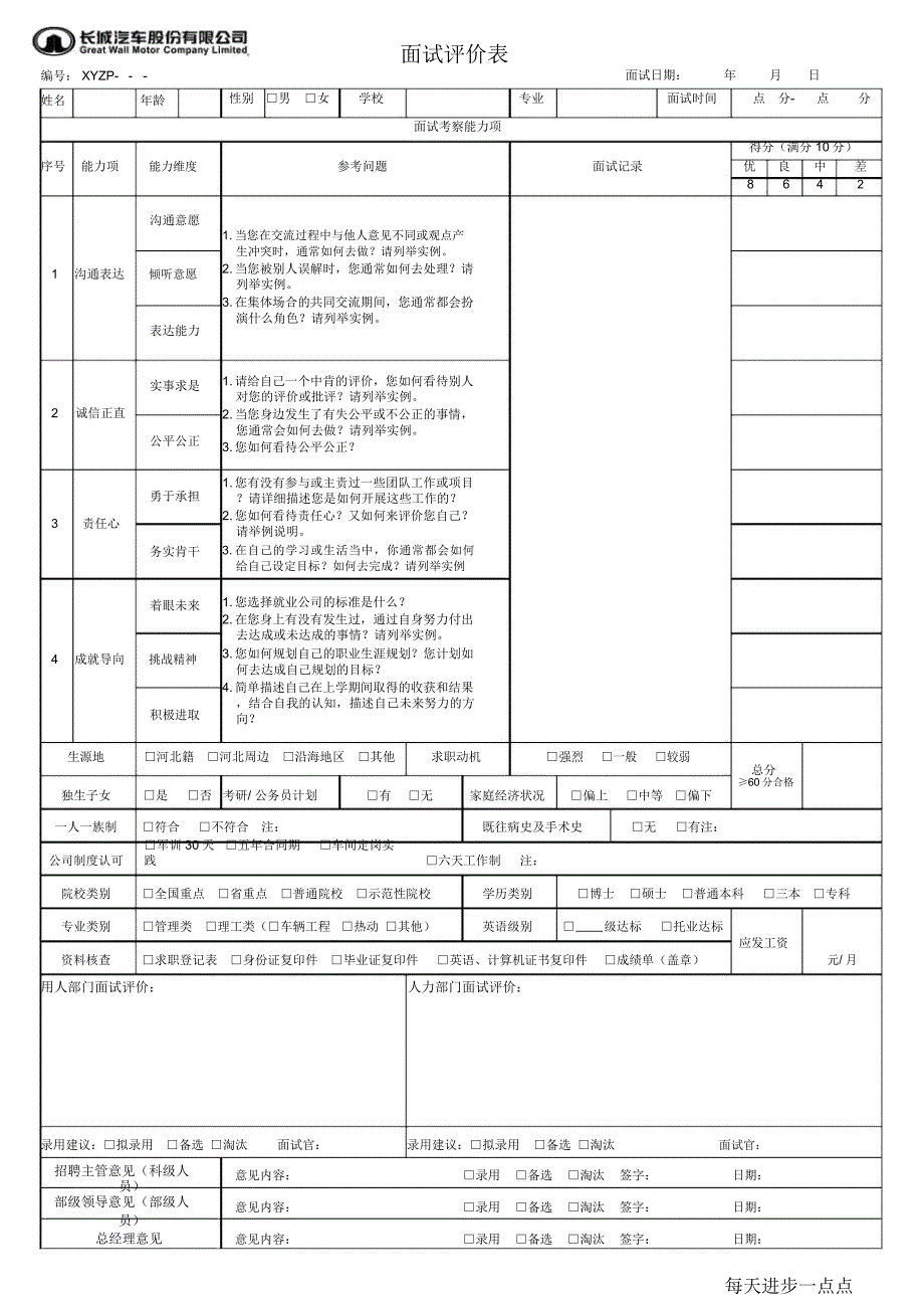 大学生面试评价表_第1页