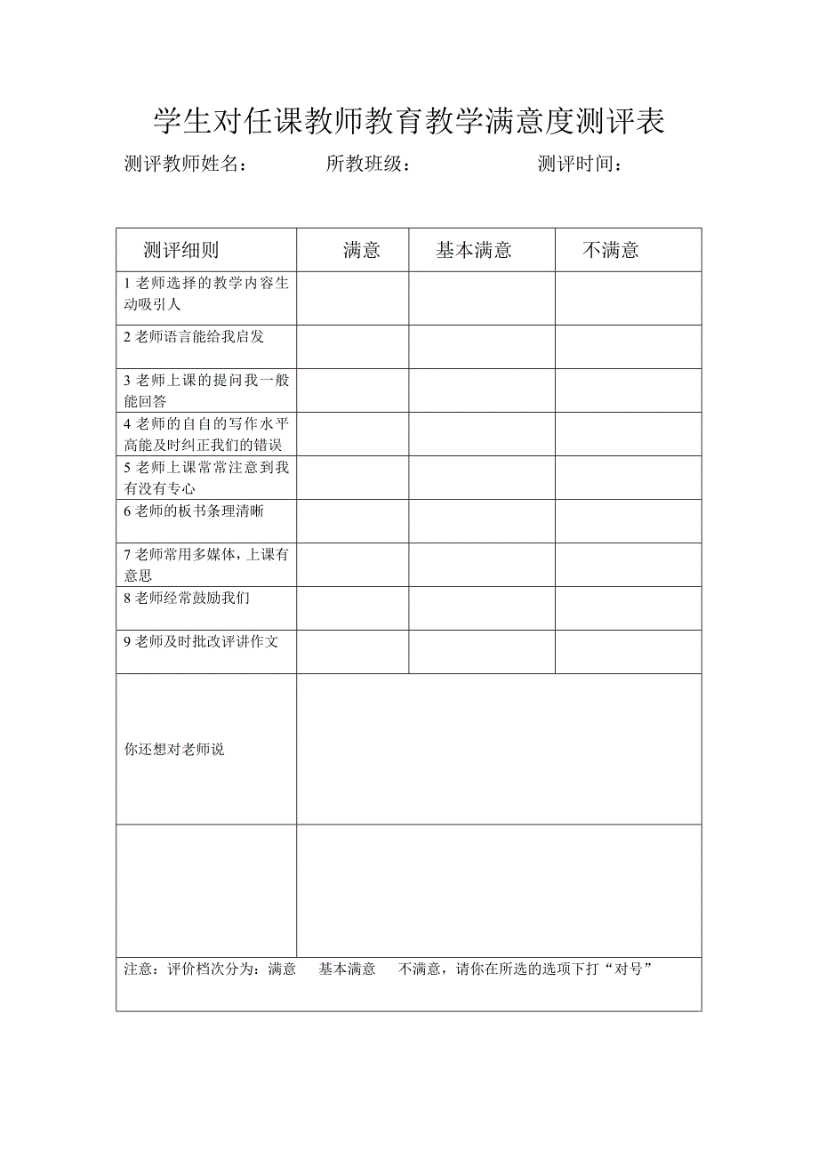 学生对任课教师教育教学满意度测评表_第1页