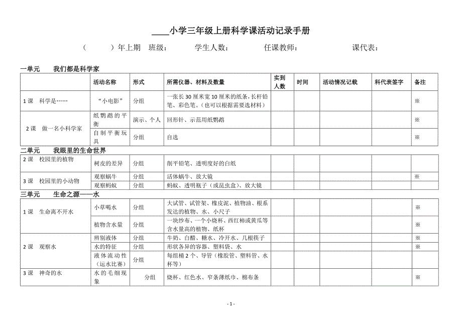 小学三年级上册科学课活动表.doc