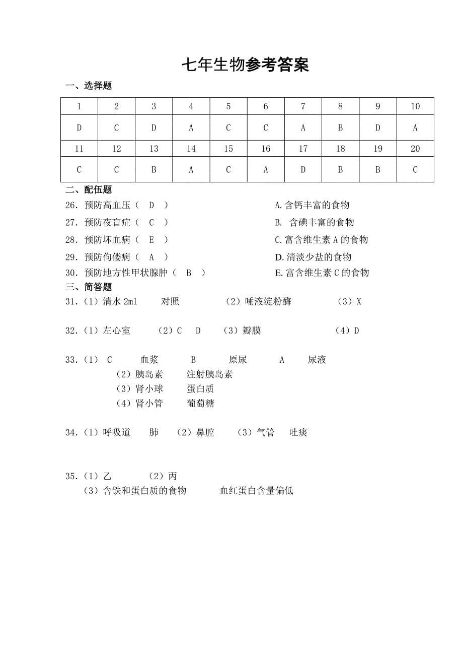 七年级(下册)生物测试卷(有答案)_第5页