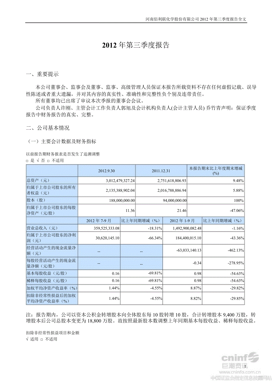 佰利联第三季度报告全文_第1页