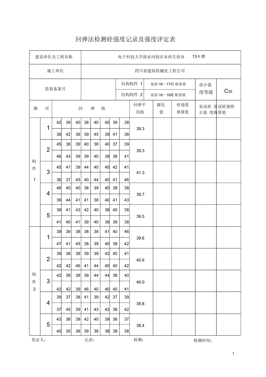 回弹法检测砼强度记录及强度评定C30_第1页