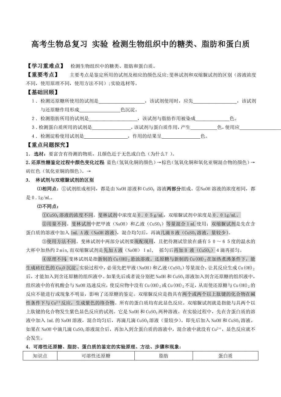 高考生物总复习实验检测生物组织中的糖类、脂肪和蛋白质_第1页