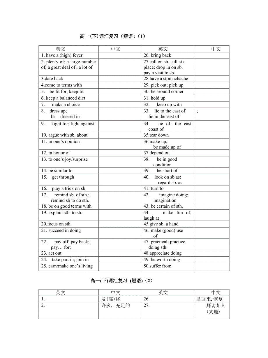 高一英语下学期词汇复习_第1页