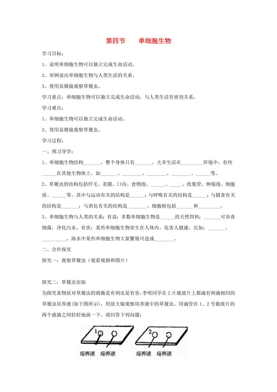 七年级生物上册 2.2.4《单细胞生物》导学案1 （新版）新人教版.doc_第1页