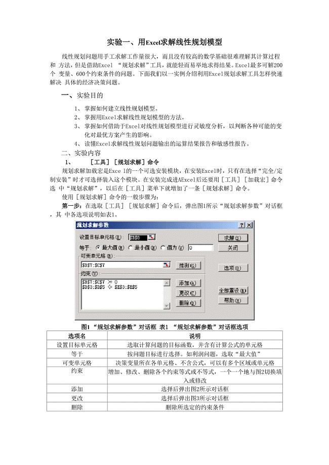 实验1用Excel求解线性规划模型