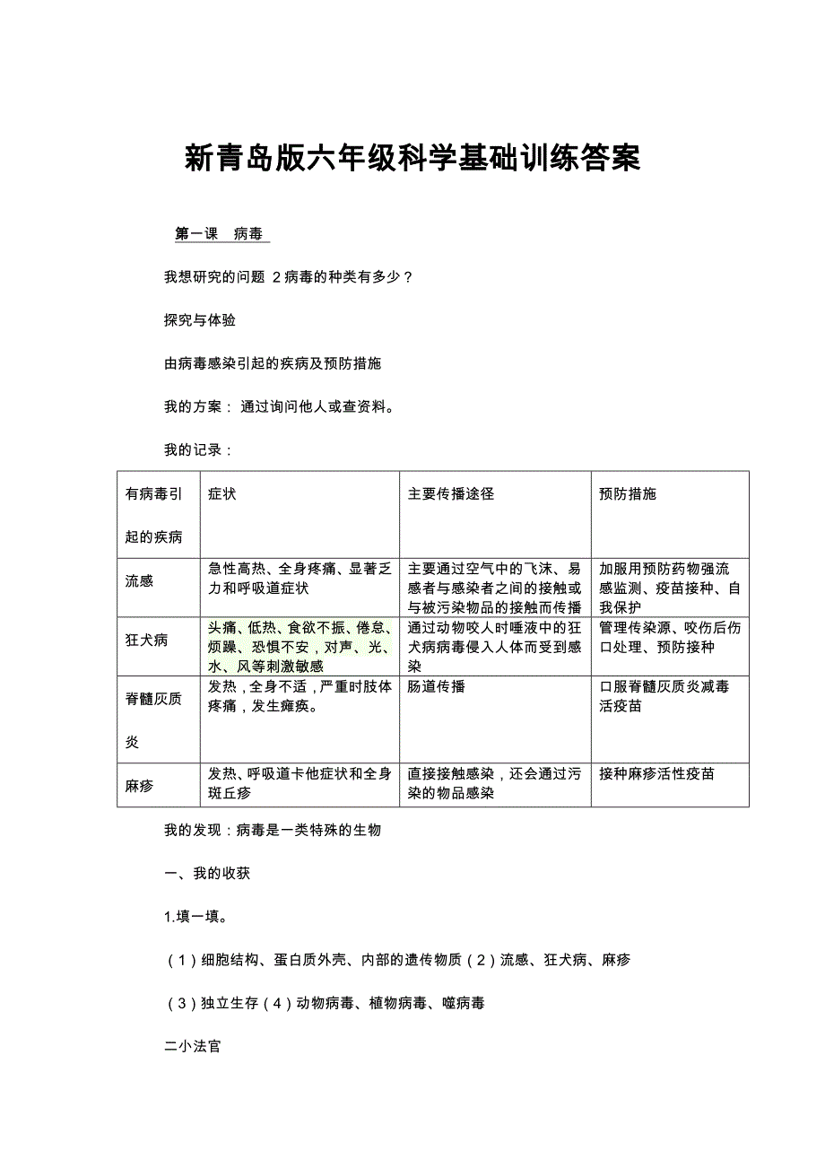 青岛版小学六年级科学(上册)自主学习答案与解析_第1页