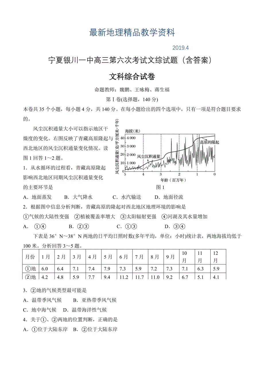 最新宁夏银川一中高三第六次考试文综试题含答案_第1页